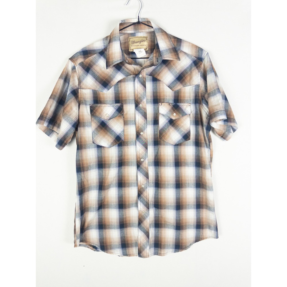 Wrangler Western Shirts Pearl Snap Plaid Shirt Mens M Brown Blue Short Sleeve Co